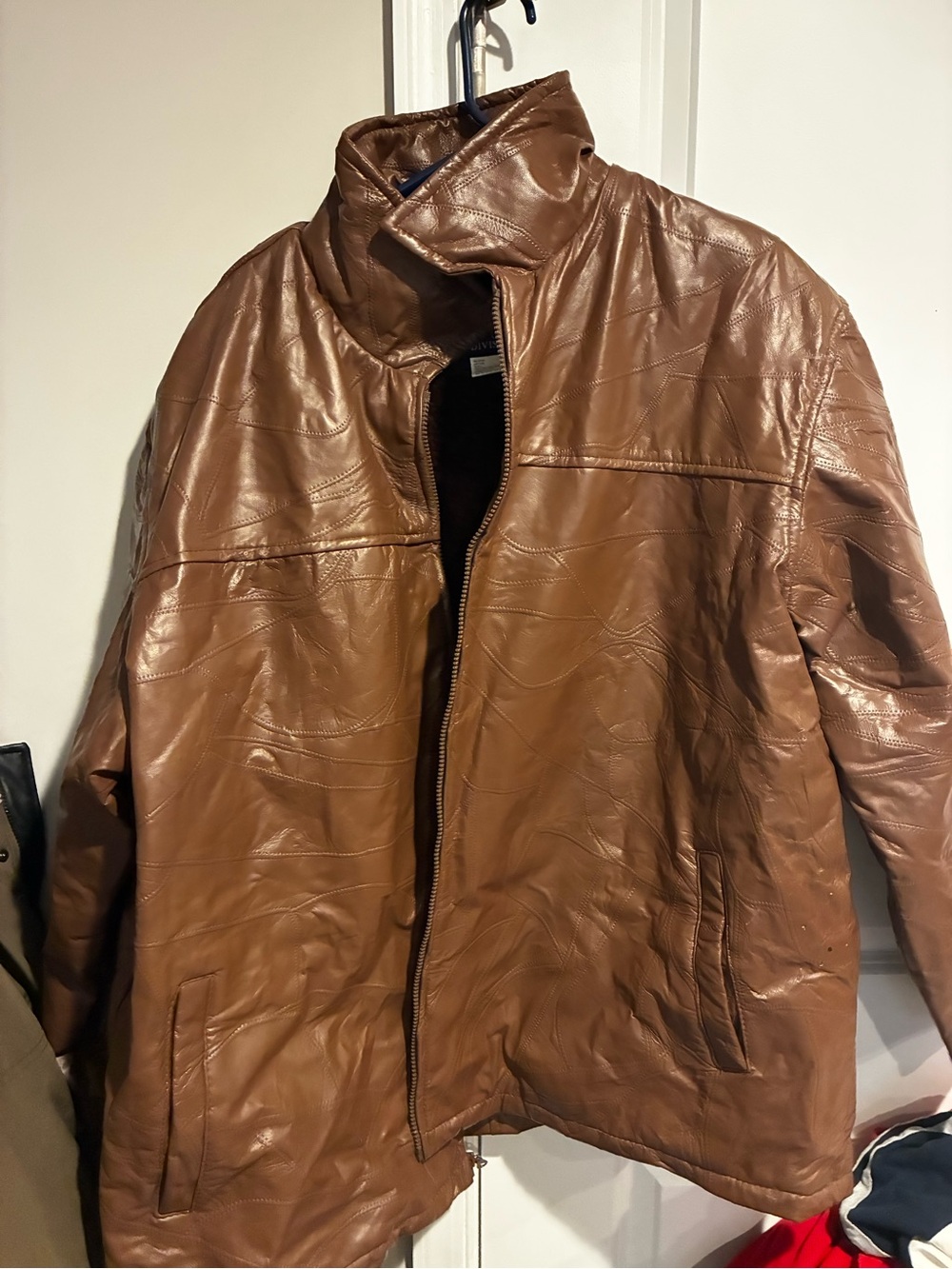 Haband Men's Tan Faux Leather Bomber Jacket